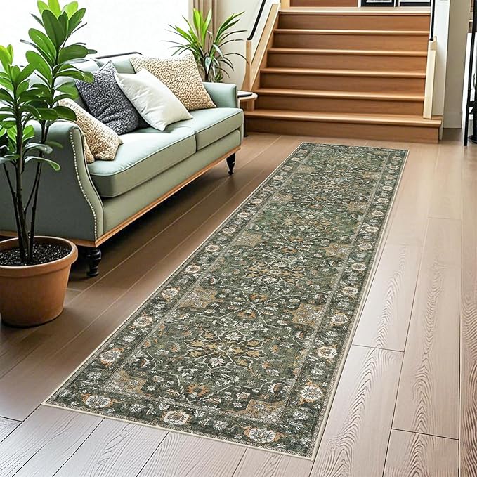 Hallway Washable 2x10 Runner Rug - Kitchen Rugs Non Slip Entryway Rug Runner Vintage Soft Floral Floor Mat Low Pile Indoor Farmhouse Carpet for Bathroom Living Room Bedroom (Green,2x10)