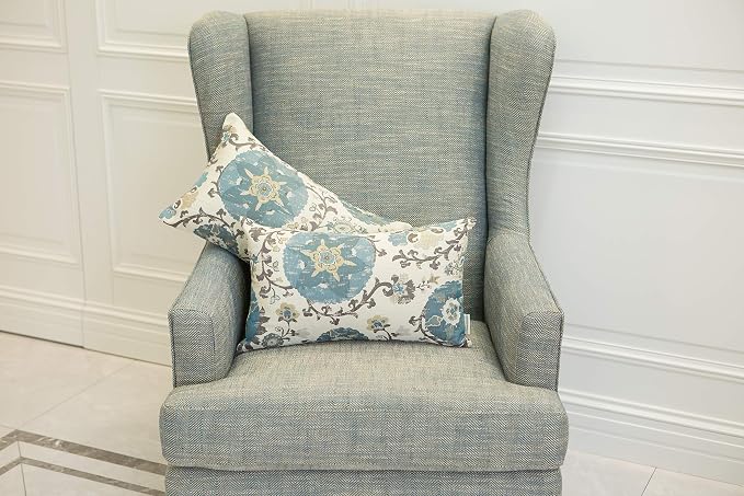 Mika Home Pack of 2 Jacquard Circle Floral Oblong Throw Pillow Covers Cream Blue