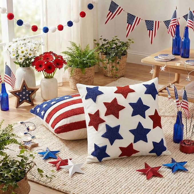 AVOIN colorlife 4th of July Patriotic Embroidered Throw Pillow Covers, 18 x 18 Inch Striped Star Flag Stars Decor Tufted Patterned Linen Cushion Case for Sofa Couch Set of 2
