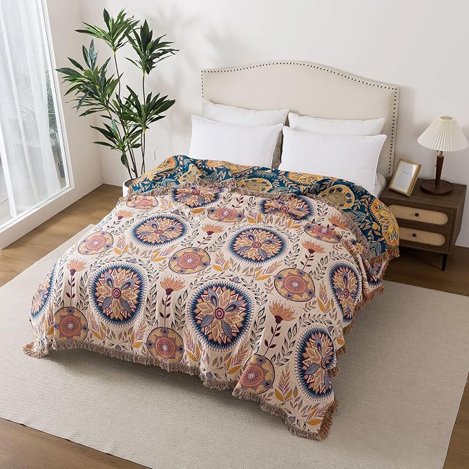 Phuryllic Boho Throw Blanket Twin Size, Soft Cozy Cotton Muslin Quilt Blanket for Bed Decor, Floral Patterned Couch Sofa Chair Cover, Vintage Farmhouse Cottage Tapestry Woven Blanket, Beige&Blue