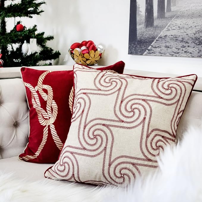 Embroidery Linen Throw Pillow Cover, Merry Christmas Series Holiday Flow Luxury Soft Fuzzy Cozy Warm Slik Gift Square Couch Cushion Pillow Case 20 x 20 Inch, Cover Only
