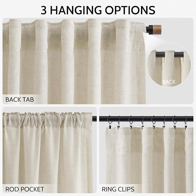 Vanilla Linen Curtains for Living Room 72 Inches Long Luxury Light Filtering Semi Sheer Curtain Back Tab Modern Farmhouse Decor Elegant Coastal Drapes for Bedroom Office 52x72, 2 Panels