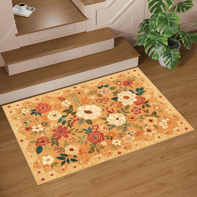 DUKINO 3x5 Area Rug, Floral Washable Rug for Bedroom Non Slip, Orange | Soft, Stain Resistant Low Pile Indoor Rug for Entryway, Bedroom, Bathroom, Living Room, Pet Friendly, Home Decor, Lightweight
