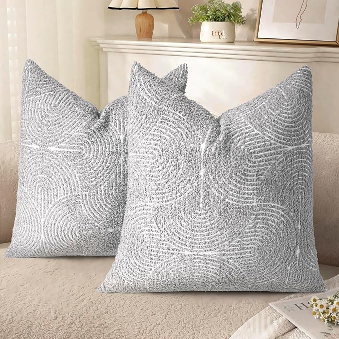 AELS Boho Decorative Textured Throw Pillow Covers 20x20, Modern Mid Century Rainbow Tufted Pillow Case, Farmhouse Rustic Geometric Woven Cushion Case for Bed Couch Sofa, Light Gray