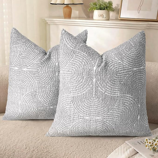 AELS Boho Decorative Textured Throw Pillow Covers 20x20, Modern Mid Century Rainbow Tufted Pillow Case, Farmhouse Rustic Geometric Woven Cushion Case for Bed Couch Sofa, Light Gray