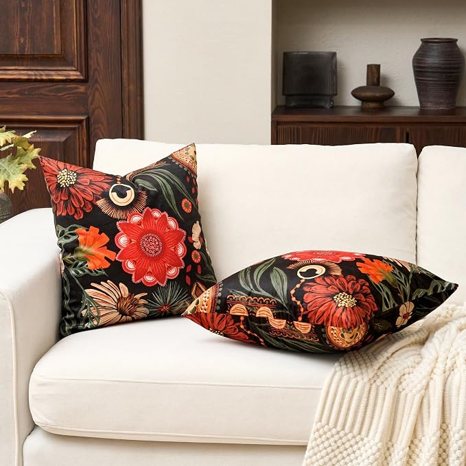 Tyrot Black Red Boho Floral Velvet Throw Pillow Covers 20x20 Inch Set of 2 Vintage Farmhouse Cushion Covers Mid Century Botanical Home Decor Pillow Cases for Couch Bed Sofa Living Room, Bedroom