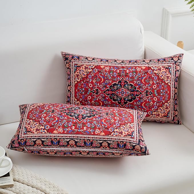 Boho Rectangular Throw Pillow Covers 12x20 Inch, Vintage Red Oriental Floral Decorative Lumbar Cushion Cases, Bohemian Ethnic Design Pillowcases for Sofa Couch Living room Bed Home Decor, Set of 2