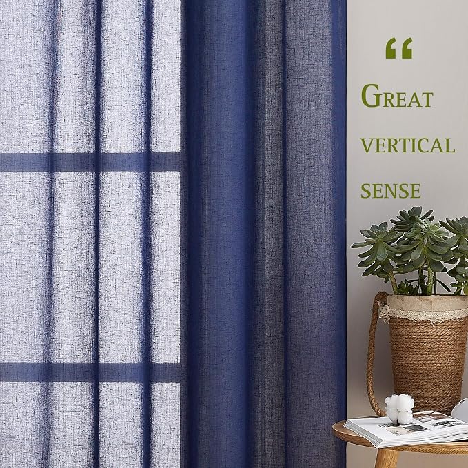 NICETOWN Linen Textured Sheer Curtains 96 inch Long for Living Room, Privacy Chic Sheer Curtains Window Treatment Translucent Drapes for Farmhouse/Cottage, W70 x L96, Dark Blue, 1 Pair