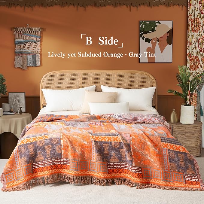 Phuryllic Boho Throw Blanket Full Size, Extra Large Soft Cozy Cotton Muslin Quilt Blanket for Bed Decor, Patchwork Block Couch Sofa Chair Cover, Vintage Farmhouse Cottage Woven Blanket, Red&Orange