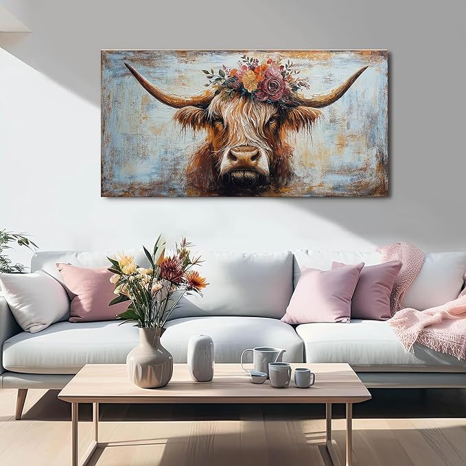 Canvas Wall Art Decor Wall Art Picutures for Living Room Artwork for Wall Decor Highland Cow Wall Art Prints Vintage Wall Art Decorations Art Work for Walls Home Bedroom Office Decor 20" X 40"