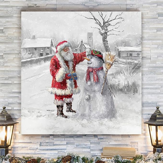 Renditions Gallery Xmas Canvas Paintings for Home Decorations Joyful Santa with Snowman in in Winter Snow Abstract Wall Art for Dining Living Room Kitchen Decor - 24"X24" LT05