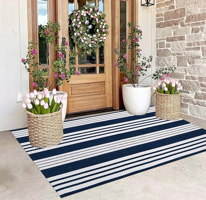 Blue and White Outdoor Rug 3'x 5'Striped Front Porch Rug Layered Door Mat | Cotton Woven Machine Washable Farmhouse Indoor Outdoor Area Rug Combined With Hello Welcome Mat