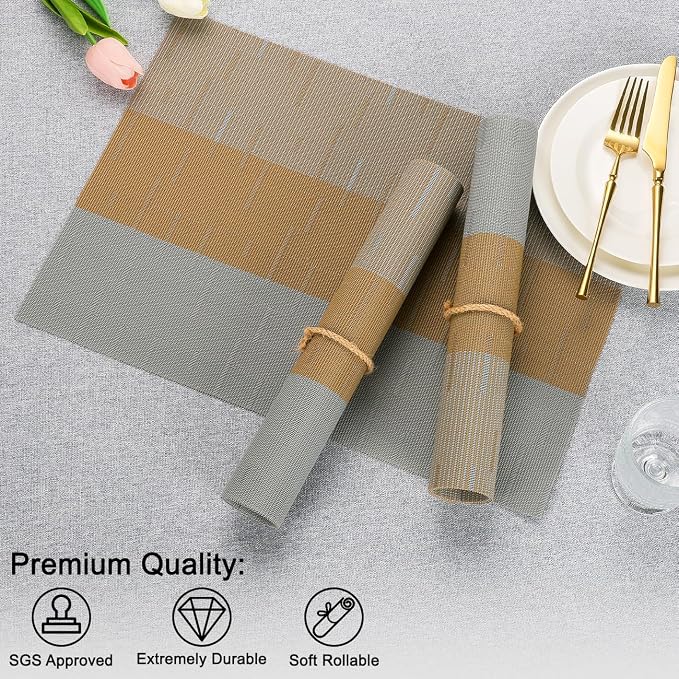 Placemats Set of 6, Vinyl Woven Heat-Resistant Place Mats | Washable Wipeable PVC Table Mats, Non Slip Placemat for Kitchen Dining Indoor Outdoor Table (Gray Light Brown, Set of 6)