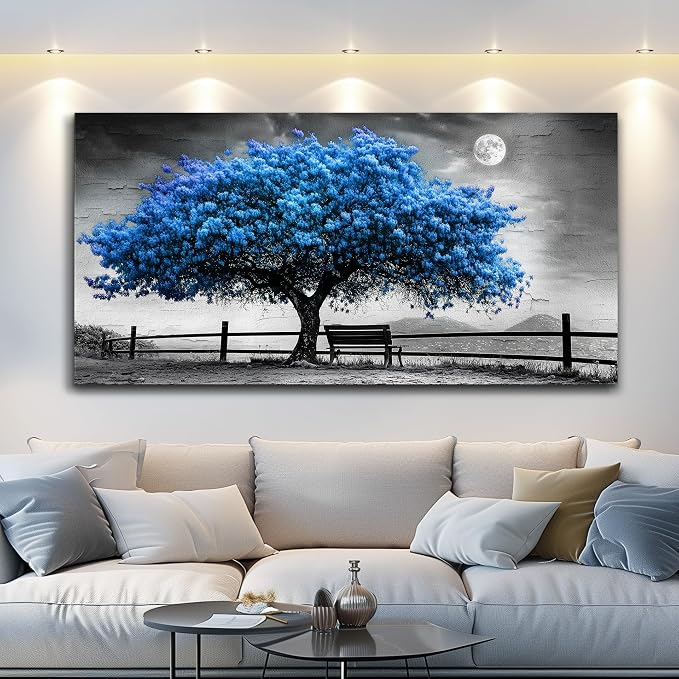 FUHAIHUA Large Wall Decor For Living Room Canvas Wall Art For Office Modern Wall Decorations For Bedroom Black And White Landscape Painting Blue Tree Pictures Artwork Room Home Decor 24x48 In
