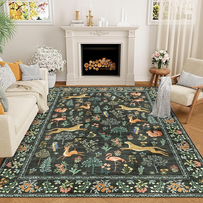 DUKINO 9x12 Area Rug for Living Room, Washable Animal Rug Non Slip, Black | Low Pile, Non-Shedding, Soft Indoor Large Carpet for Bedroom, Dining Room, Kids PlayRoom,Nursery, Farmhourse, Pet Friendly