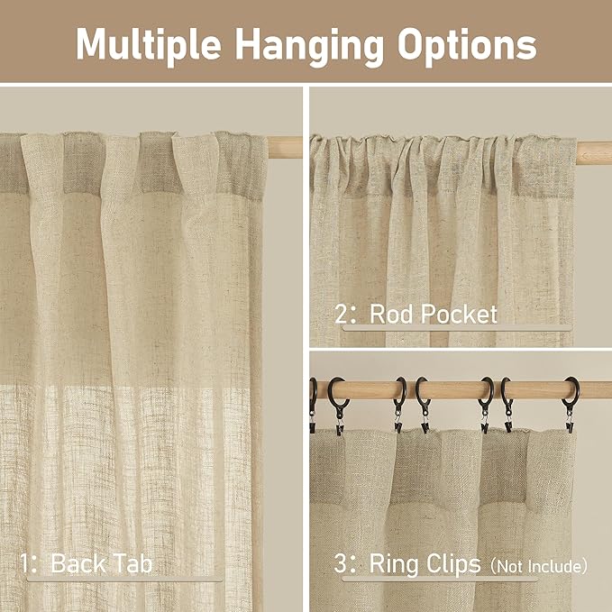 Small Cafe Linen Curtains 36 Inches Long, Semi Sheer Panels | Light Filtering Panels, Cafe Drapes for Basement, Window, Loft Room, Rod Pocket Back Tab, Linen, 2 Panels, 34 x 36 Inch