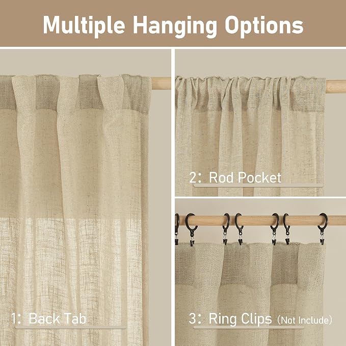 Light Filtering Linen Curtains 84 inches Long for Bedroom 2 Panels | Faux Linen Textured, Semi Sheer, Burlap Modern, Drapes for Living Room, Farmhouse, Rod Pocket Back Tab, Linen, 38 x 84 Inch