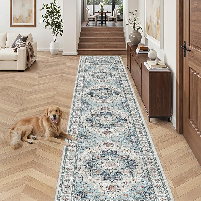 Madane Hallway Runner Rug 2'6''x16' Kitchen Runners Vintage, Blue | Long Non-Slip Washable Rugs 16ft for Entryway Laundry and Bedroom, Soft Low Pile Stain-Resistant 2.5x16 Ft Floor Carpet