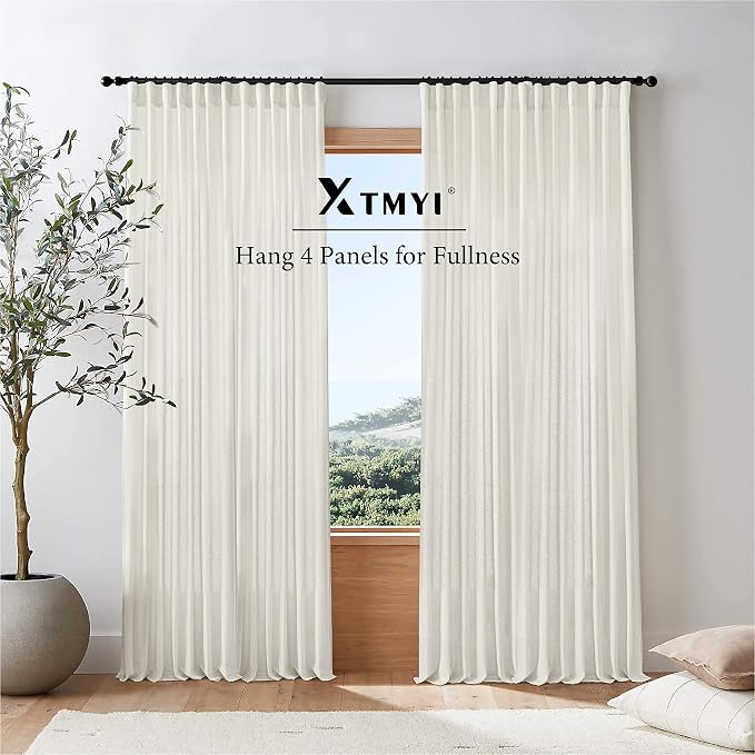 XTMYI 70 x 63 Inch Length Living Room Curtains,Linen Short Wide Bay Window Curtains for Bedroom,Set of 2 Panels,70x63 in Long,Cream Ivory