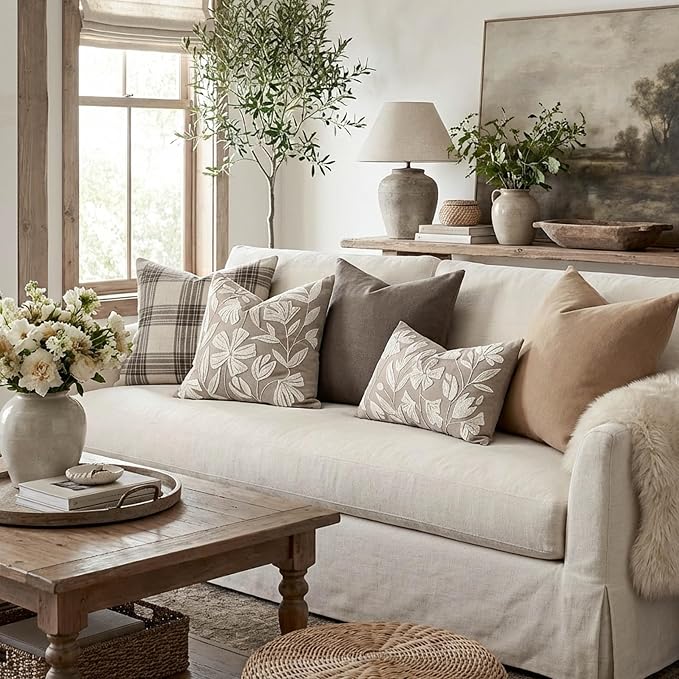 BlissBlush Decorative Lumbar Pillow Cover 12x20, Light Taupe Accent Velvet Throw Pillowcase for Couch Sofa Living Room, Floral Tufted Rectangular Cushion, Cover Only