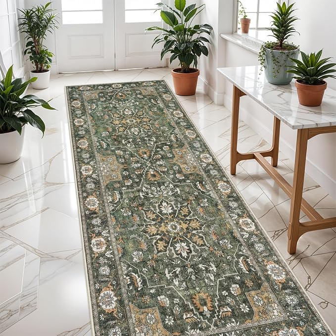 Washable 3x8 Hallway Runner Rug - Kitchen Rugs Ultra Soft Entryway Rug Runner Vintage Floral Floor Mat Non-Slip Low Pile Indoor Farmhouse Carpet for Bathroom Living Room Bedroom (Green,3x8)