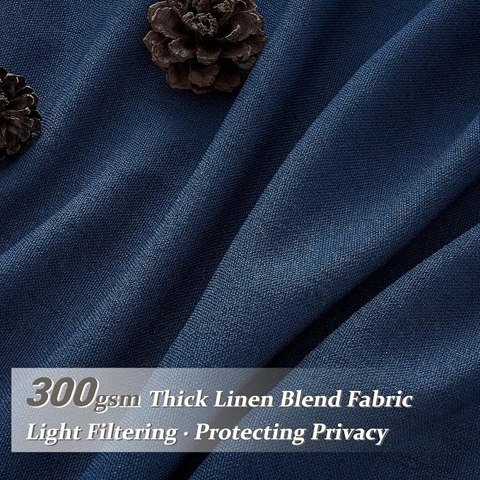 Pinch Pleated Denim Blue Curtains 102 Inches Long for Sliding Glass Doors 2 Panels Set, Modern Natural Linen Blend Memory Trained Pleat Sheer Window Drapes with Hooks Ring for Office 40"W x 102"L Navy