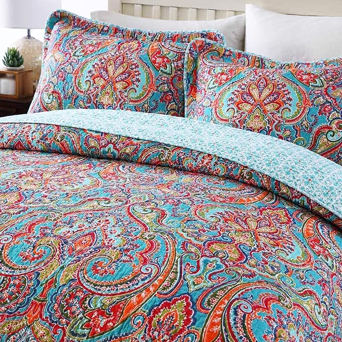Travan 3-Piece Bedspread Quilt Set Oversized Reversible Quilted Bedding Cotton Coverlet Set with Shams, Gorgeous Floral Pattern, Queen Size