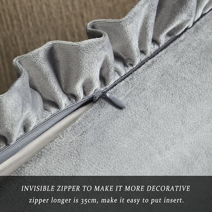 GIGIZAZA Grey 18x18 Luxury Pillow Covers, Set of 2 Decorative Velvet Ruffle Cushion Pillow Covers for Sofa Couch
