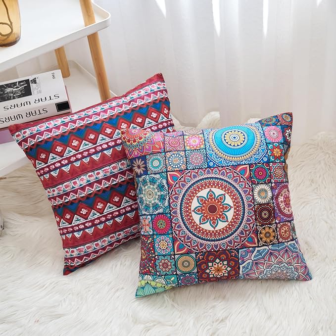 Couch Bohemian Patterned Throw Pillow Covers 18X18 Inch Set of 4 Square Farmhouse Decorative Cushion Covers Boho Vintage Pillow Cases for Sofa Living Room Bedroom Outdoor Patio Porch