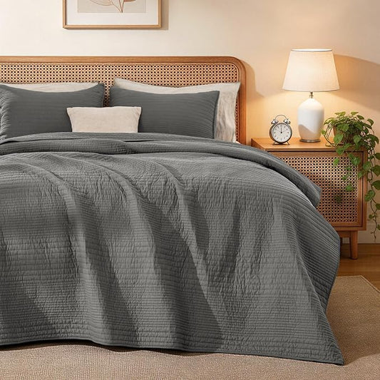 Love's cabin King Size Cotton Quilt Set, 100% Cotton Fabric Striped Textured Coverlet with Crinkled Look, Lightweight Quilted Bedspread for All Season, Includes 2 Pillow Shams, Grey | Lightweight
