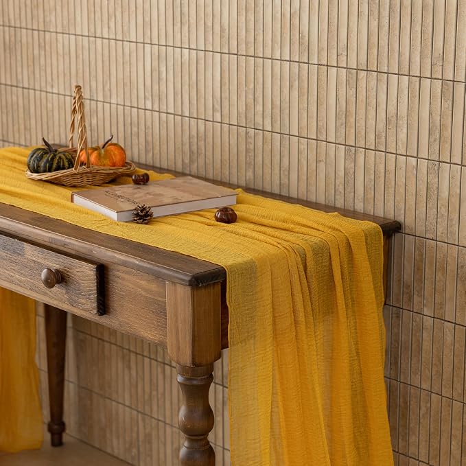 6Pcs Fall Golden Cheesecloth Table Runner 120 Inch Party Home Decor | For Thanksgiving Friendsgiving Wedding Bridal Shower Baby Shower Engagement Party 10FT Rustic Boho Home Decorations