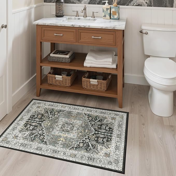 Madane Washable Area Rug 2x3 Small Entryway Rugs, Grey Green/Black Olive | Vintage Stain-Resistant Door Mat Indoor Entrance, Non-Slip Floor Carpet for Inside Front Bedroom Kitchen Entry Laundry, Stair