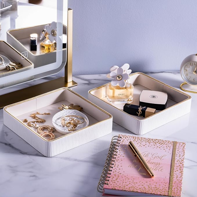 2 Pack White Catch All Trays for Jewelry| Small Leather Valet Tray| Key Bowl for Entryway Table EDC Trinket Tray CatchAll| Perfume Trays for Dresser Organizer Perfume Holder (Set of 2)