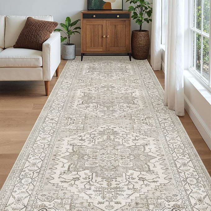 Madane 4x12 Wide Hallway Runner Rug Washable for Living Room, Beige/Brown | Soft Stain Resistant Ktichen Runners 12ft, Vintage Non Slip Low Pile Area Rugs, Thin Floor Carpet for Bathroom Dining Bedroom