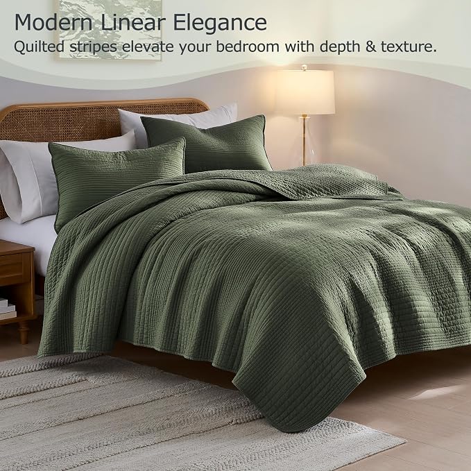 palassio Striped Olive Green 100% Cotton Quilt California Cal King Size Bedding Sets, Oversized Lightweight Channel Pick Stitch Textured Bedspread Soft Farmhouse Coverlet for All Season, 2 Shams