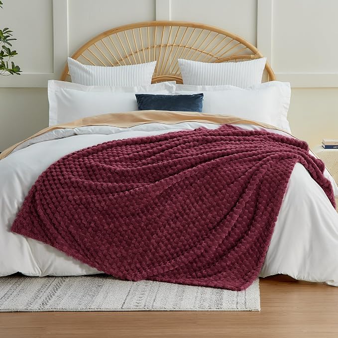 EXQ Home Gentle Soft Fleece Throw Blanket – Cozy Lightweight 3D Imitation Turtle Shell Jacquard Blanket for Couch Bed – All-Season Warm Fuzzy Flannel Blanket for Women Mom Her Gifts(60"x80",Burgundy)