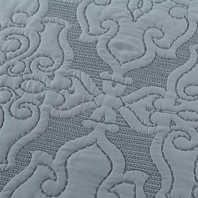 NEWLAKE Reversible Quilt Bedspread Embroidered Microfiber Coverlet Set,Jacquard Embossed Floral,Grey, King Size