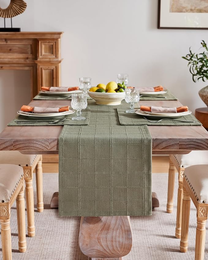 ZeeMart Linen Checked Farmhouse Table Runner, 13x90 Inches Olive | Raised Grid Design, Rich Woven Texture, Linen Blend Table Runners 90 Inches Long, Machine Washable, Boho Home Kitchen Decor