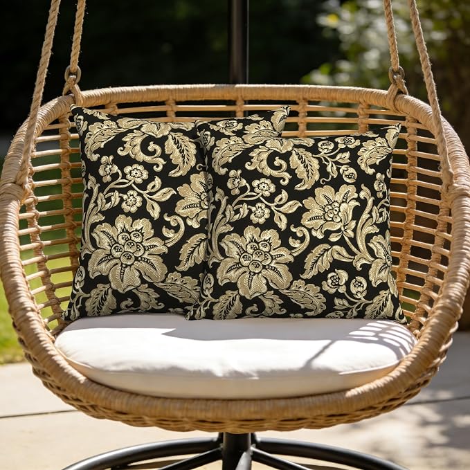 Outdoor Pillow Covers Waterproof 20x20 Inch Set of 2 Jacobean Black Decorative Outside Patio Furniture Cushion Cases Decor for Porch Garden