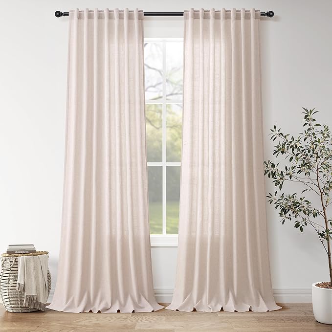 Natural White Linen Curtains 102 Inches Long for Living Room Light Filtering Farmhouse Decor Curtains Back Tab Neutral Privacy Sheer Curtain for Bedroom Office 52x102, 2 Panels