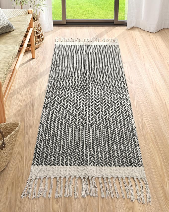 Lahome Boho Bathroom Runner Rug, 2x5 Washable Rugs for Laundry Room Hallway | Woven Cotton Grey Mat with Tassels, Farmhouse Decor Throw Non Shedding Lightweight Carpet Runners for Entryway Kitchen Door