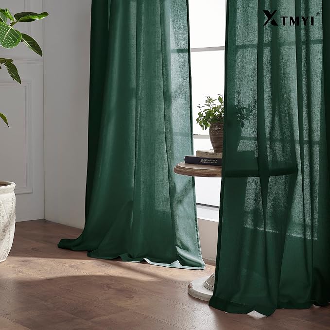 XTMYI Luxury Curtains for Living Room,Emerald Dark Green Sheer Linen to Match Gold Art Deco Curtains for Bedroom,Set of 2 Panel Curtains,50 Wide x 108 Inches Long