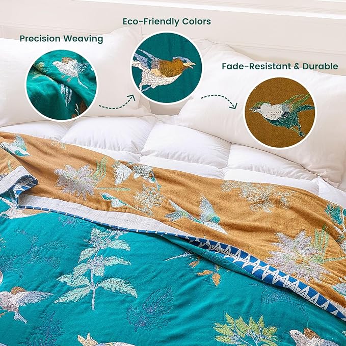 MSGKV Boho Throw Blanket 50"x60" Aviary Botanical Cotton Throw Blanket | Aviary Botanical Pattern, Muslin Throw, Reversible Woven, Lightweight Comfort, Decorative Home Accent, All Season Use