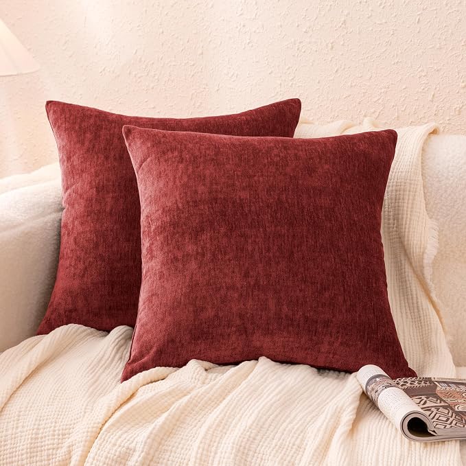 Amazon Basics Chenille Throw Pillow Covers, Home Decor Cushion Cover for Bedroom Living Room Couch Bed, 18" W × 18" L, Burgundy