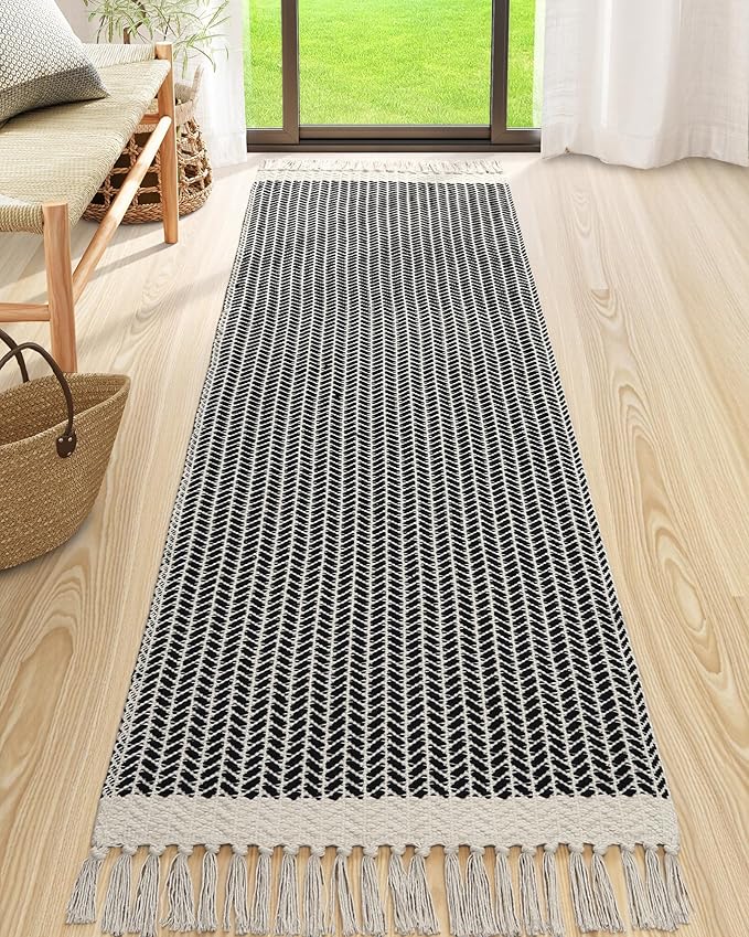 Lahome Boho Kitchen Runner Rug, 2'6''x8 Washable Rugs for Hallways Bathroom | Black Bath Mat Woven with Tassels, Farmhouse Decor Non Shedding Lightweight Carpet for Entryway Bedroom Living Laundry Room