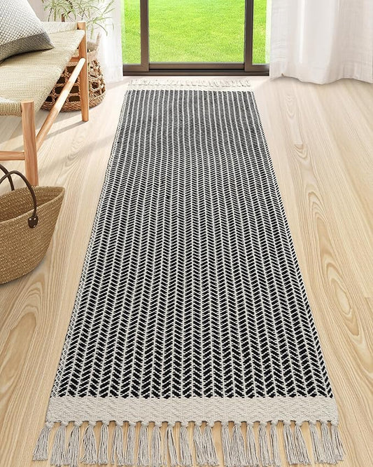 Lahome Boho Kitchen Runner Rug, 2'6''x8 Washable Rugs for Hallways Bathroom | Black Bath Mat Woven with Tassels, Farmhouse Decor Non Shedding Lightweight Carpet for Entryway Bedroom Living Laundry Room