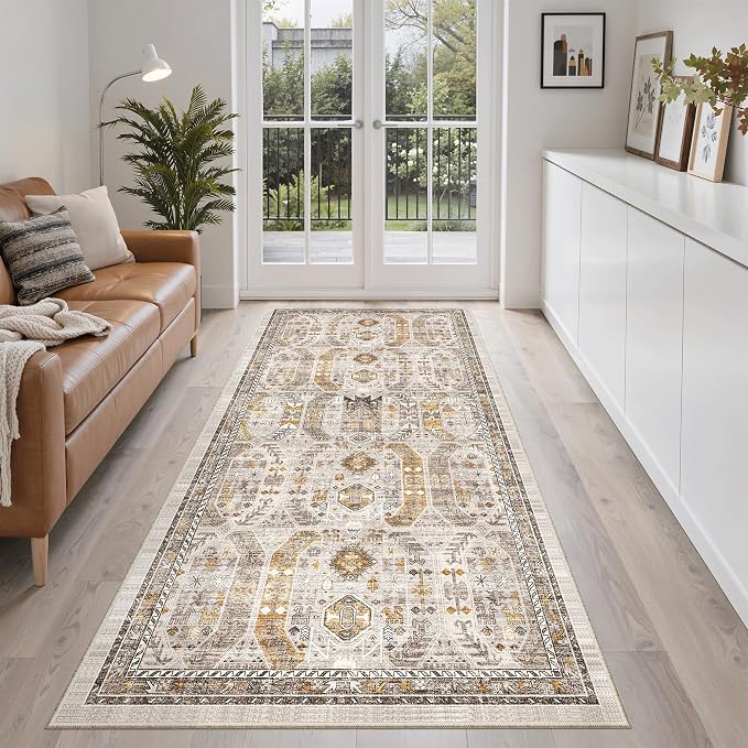 Madane Washable Runner Rug 3x6 Runners for Hallways Non Slip, Brown/Gold | Vintage Stain-Resistant 6 Feet Kitchen Rug, Soft Low-Pile Ultra-Thin Floor Carpet Mat for Bathroom Laundry Room Bedroom 2x6ft