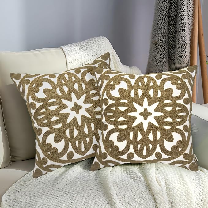 Alysheer Embroidered Summer Decorative Throw Pillow Covers 18"x18" Set of 2, Classic Boho Mandala Green Pattern Cotton Canvas Chic Cushion Cases for Sofa Couch Bed Living Room Decor (Taupe Khaki)