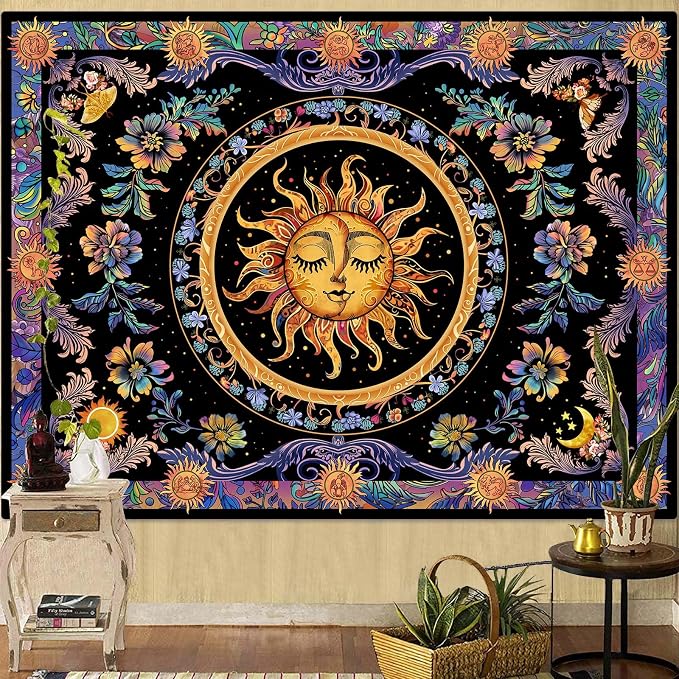 Accnicc Sun and Moon Tapestry Psychedelic Floral Plant Tapestries for Bedroom Aesthetic Hippie Boho Flower Tapestry Wall Hanging for Dorm Living Room (48'' × 36'')