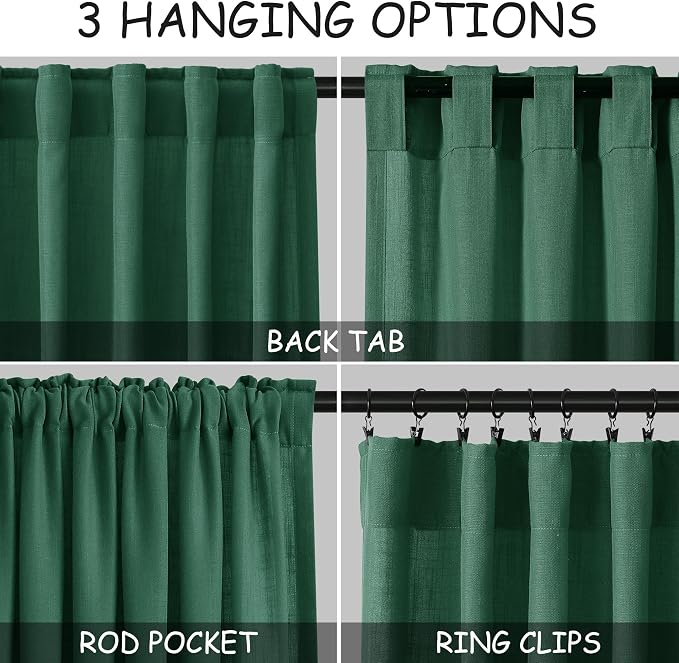 Dark Green Linen Curtains 102 Inches Long Rod Pocket Back Tab Drapes 2 Panels Set for Living Room Sheer Light Filtering Sheer Emerald Green Curtain 102 Length for Patio Sliding Glass Door 52x102